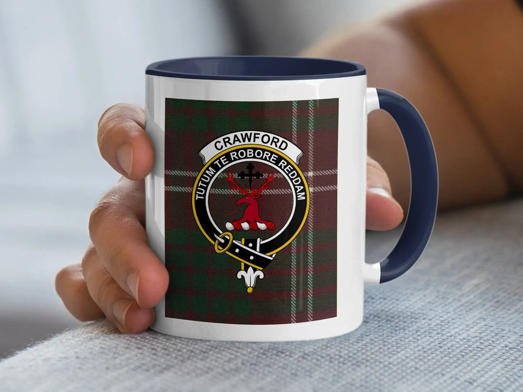 Crawford clan tartan accent mug 11oz — glossy white ceramic, red-green stag crest with black handle