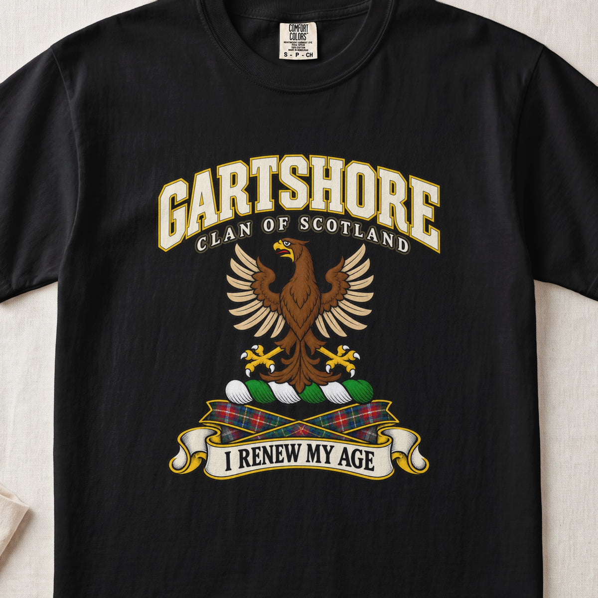 Gartshore Scottish clan T-shirt in Black, front view with a brown eagle with spread wings and motto design.