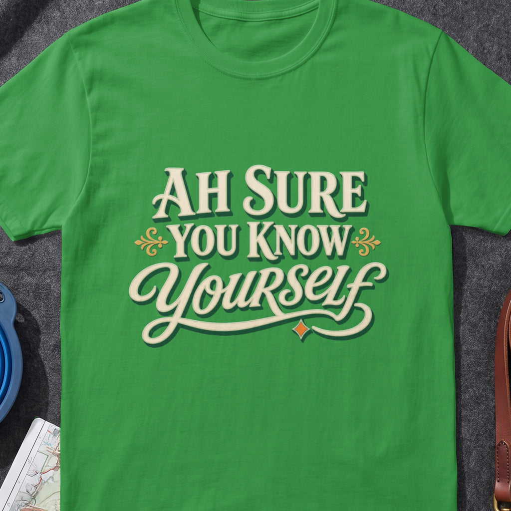 Ah Sure You Know Yourself funny Irish T-shirt in Irish Green, flat-lay mockup