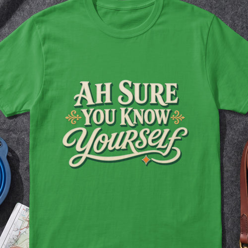 Ah Sure You Know Yourself funny Irish T-shirt in Irish Green, flat-lay mockup