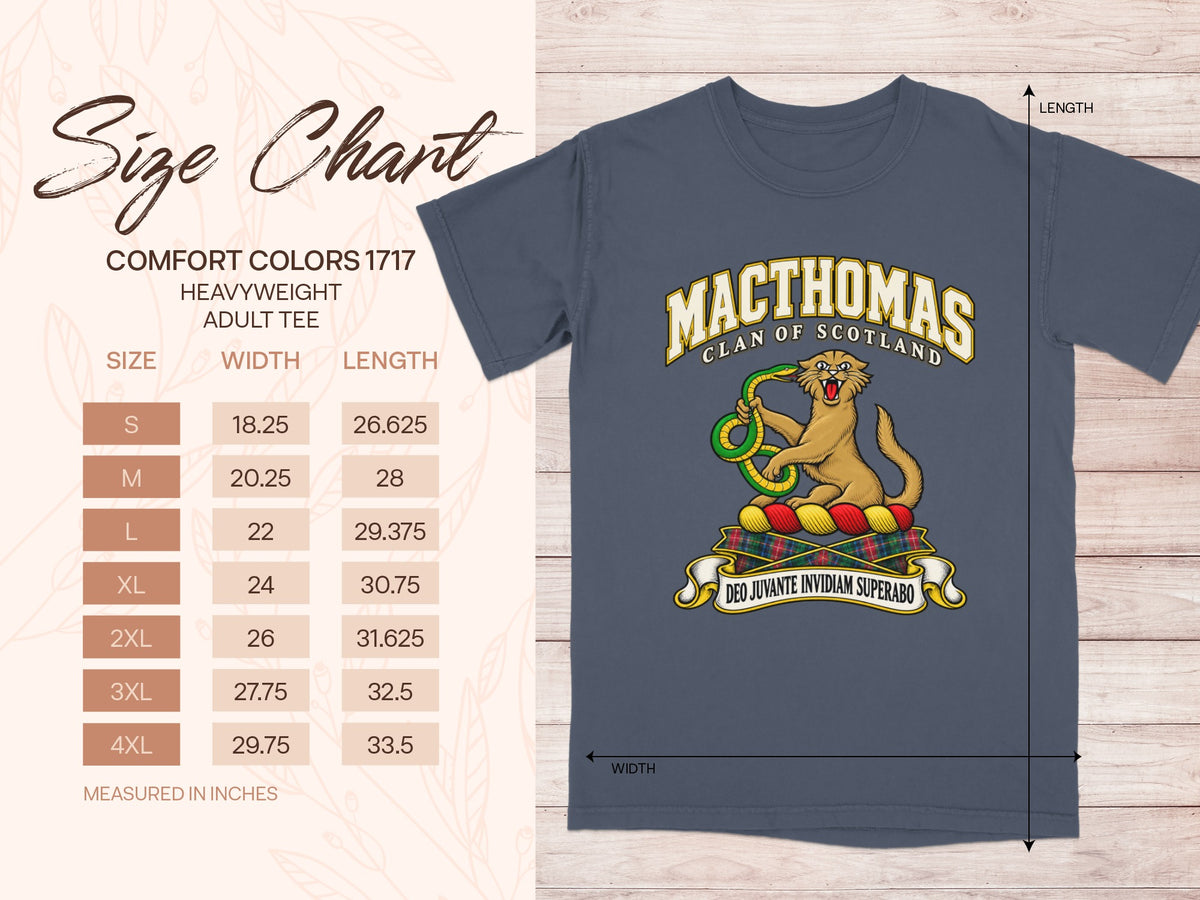 Comfort Colors 1717 size chart for the MacThomas Scottish clan T-shirt, adult sizes S–4XL.