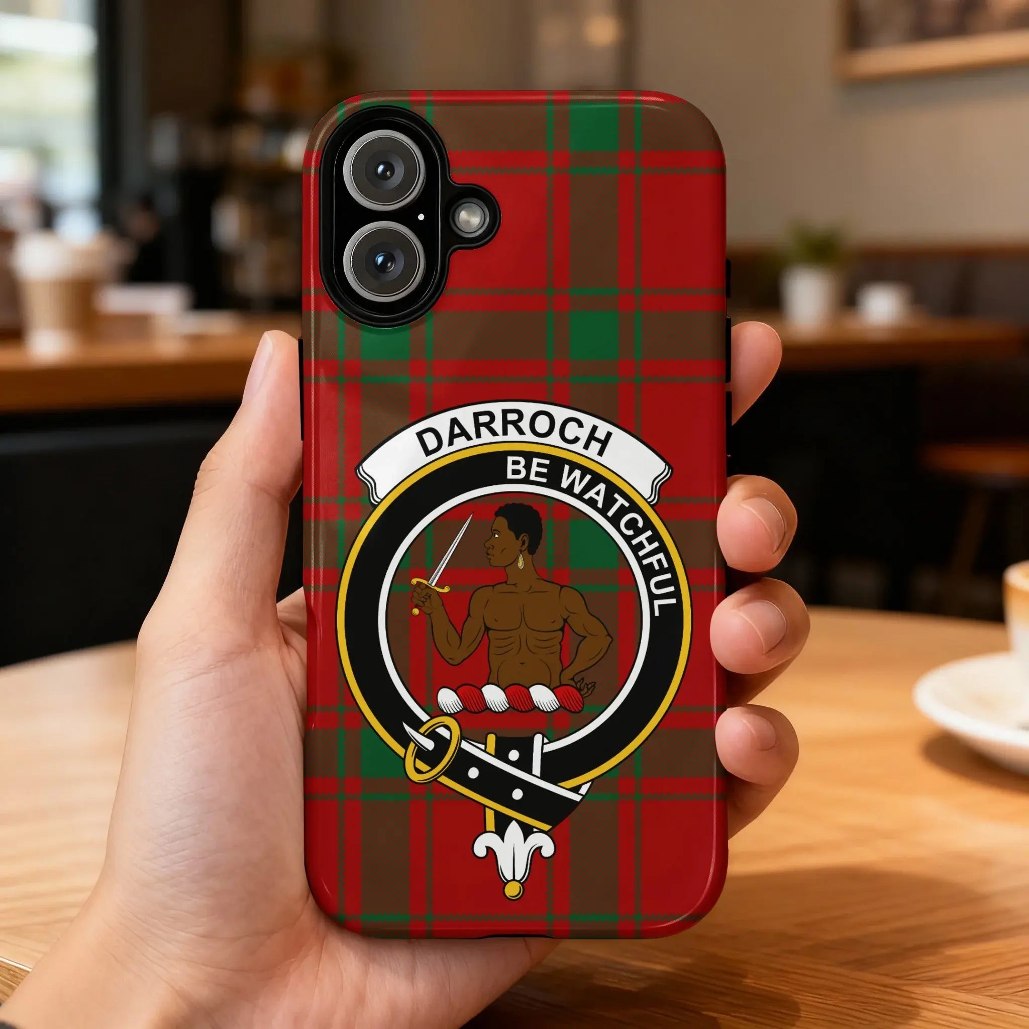 Clan Darroch tartan phone case — glossy 3D wrap print, crest and motto Be Watchful, iPhone model