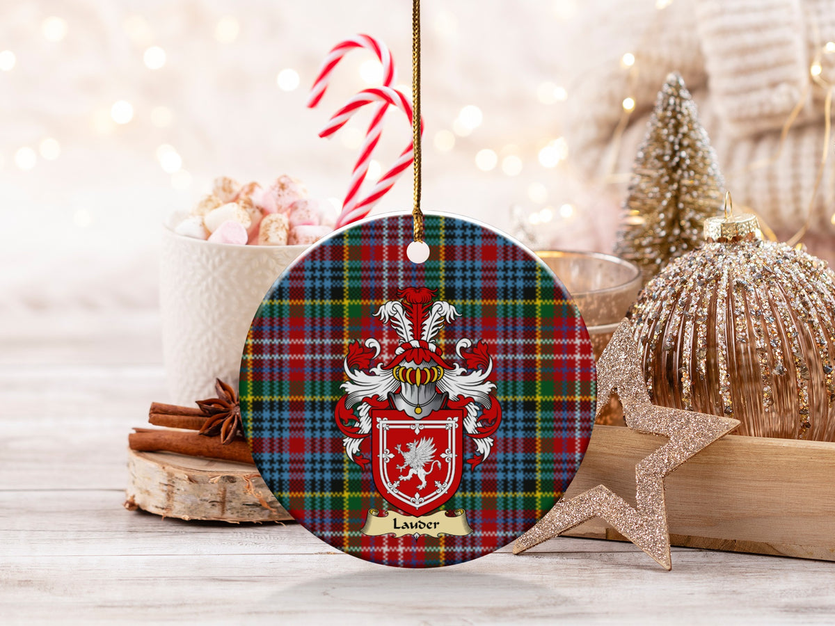Double-sided Lauder ceramic ornament with family shield and Caledonia tartan background