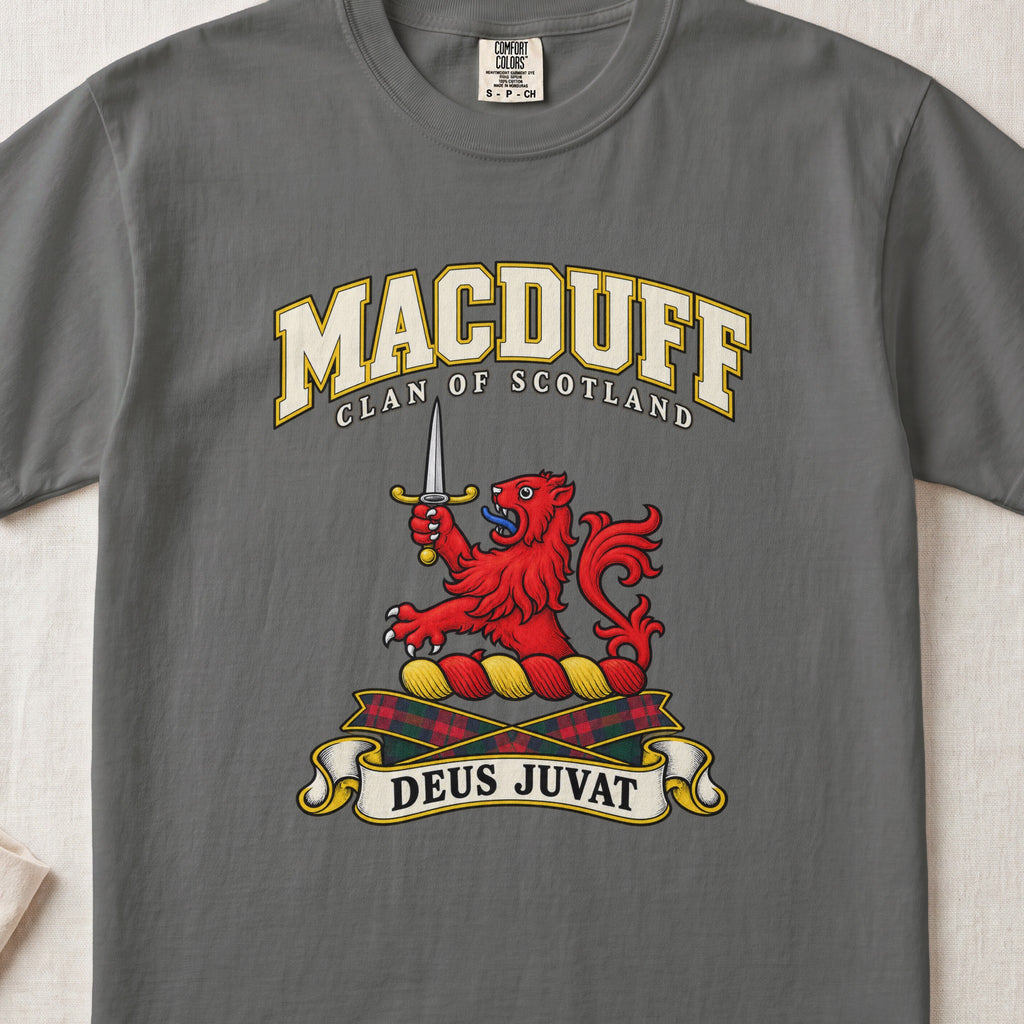 MacDuff Scottish clan T-shirt in Pepper, front view with a red lion holding an upright dagger and motto design.