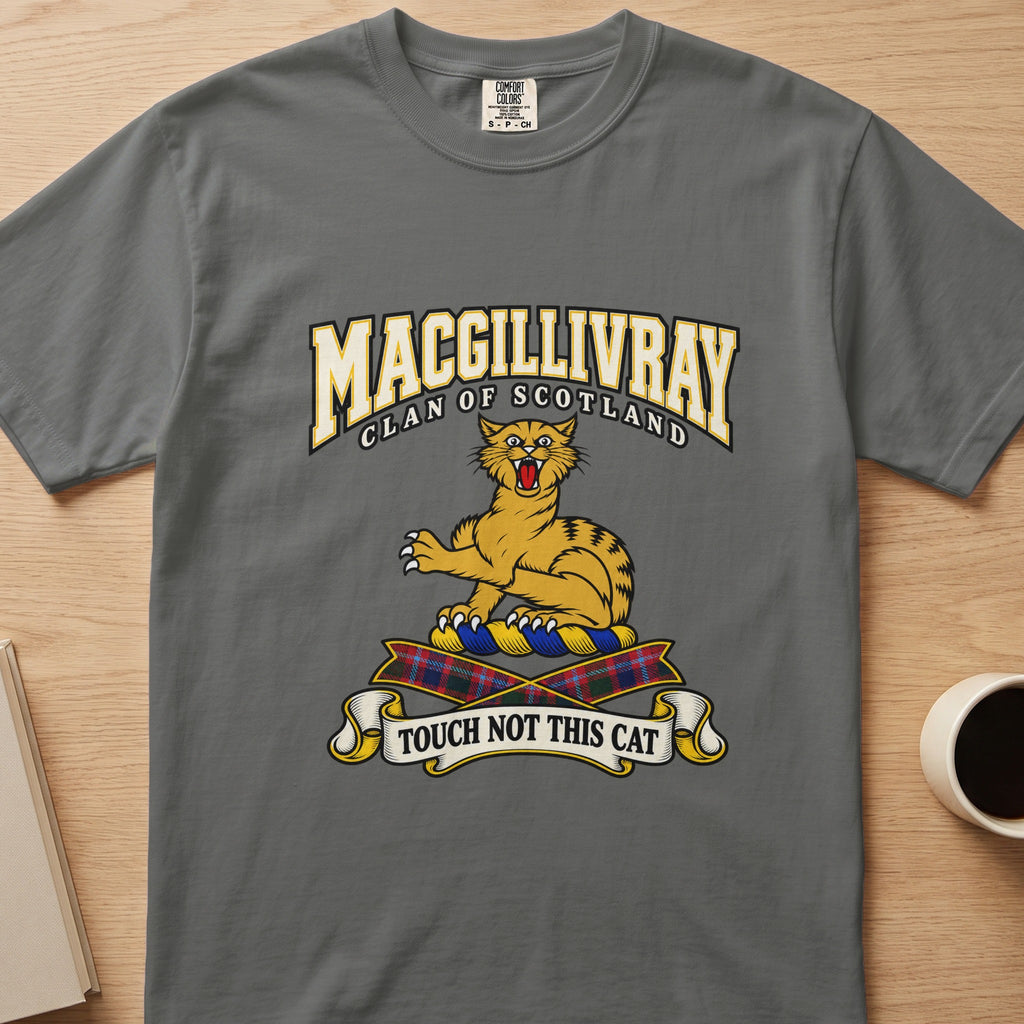 MacGillivray clan crest with gold striped cat on a gray Comfort Colors T-shirt, front view