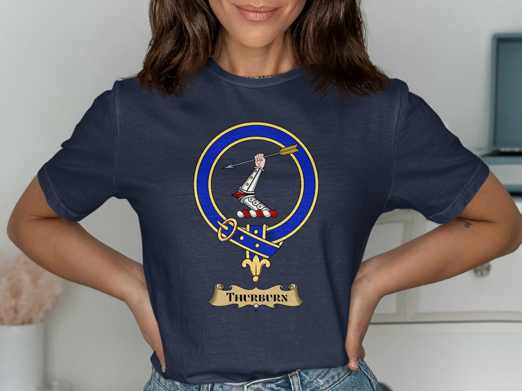 Thurburn Scottish clan crest design on Navy T-shirt