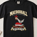 MacDougall graphic T-shirt in Black, front flat lay showing varsity lettering and bent arm in silver armour holding a pointed red cross.