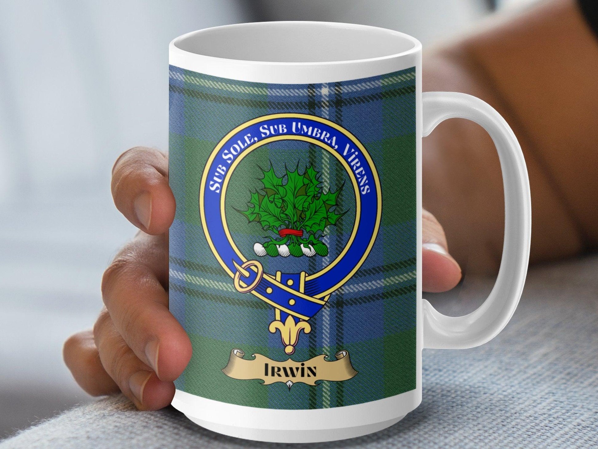 Scottish Clan Irwin Crest Blue Plaid Pattern Mug - Living Stone Gifts