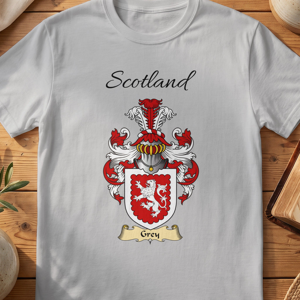 Sport Grey Grey Scottish family shield T-shirt featuring a white lion within a red scalloped shield