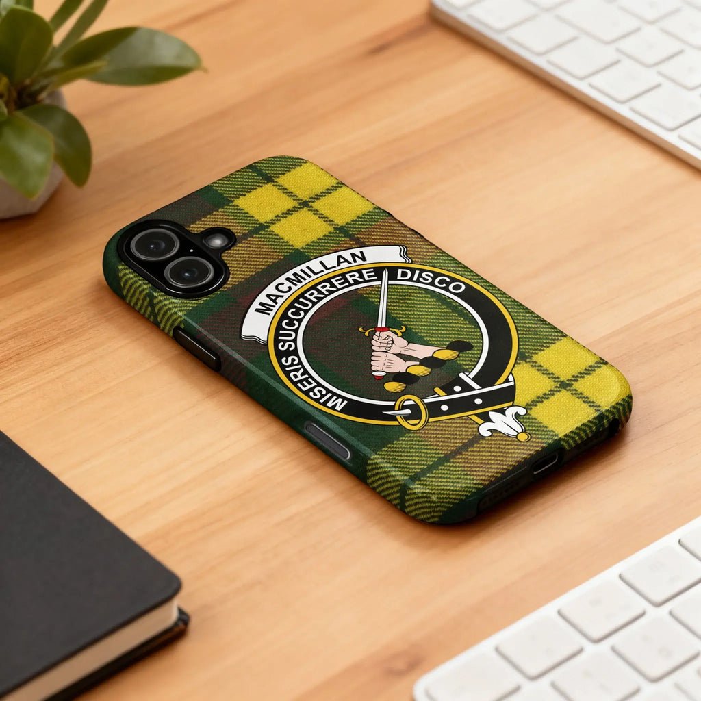 MacMillan clan crest phone case shown on Samsung Galaxy — green and yellow tartan design