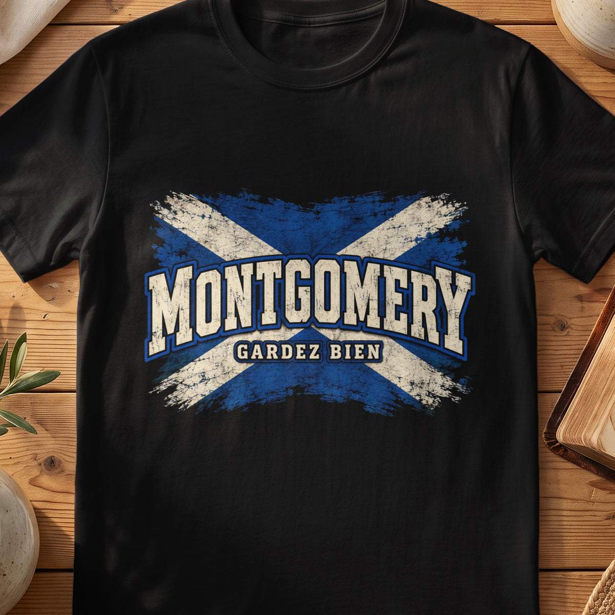 Montgomery Scottish Saltire T-shirt in Black, with distressed blue and cream flag and “Gardez Bien” lettering.
