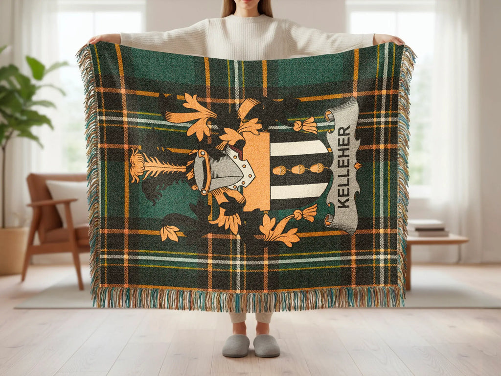 Tartan blanket with family crest featuring a helmet and banner with "Kelleher".