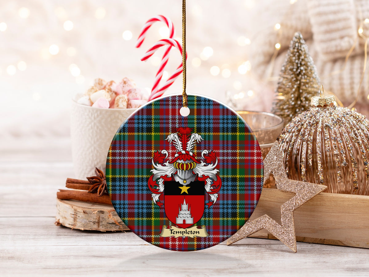 Double-sided Templeton ceramic ornament with family shield and Caledonia tartan background