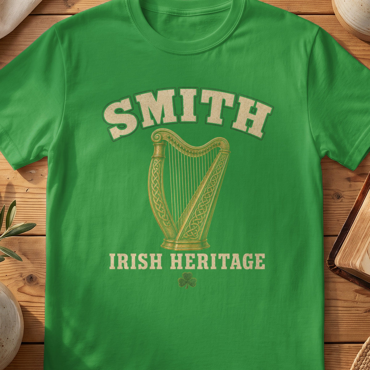 Smith Irish harp T-shirt in Irish Green, with cream surname lettering, a gold-toned harp, green shamrock and “Irish Heritage” text.