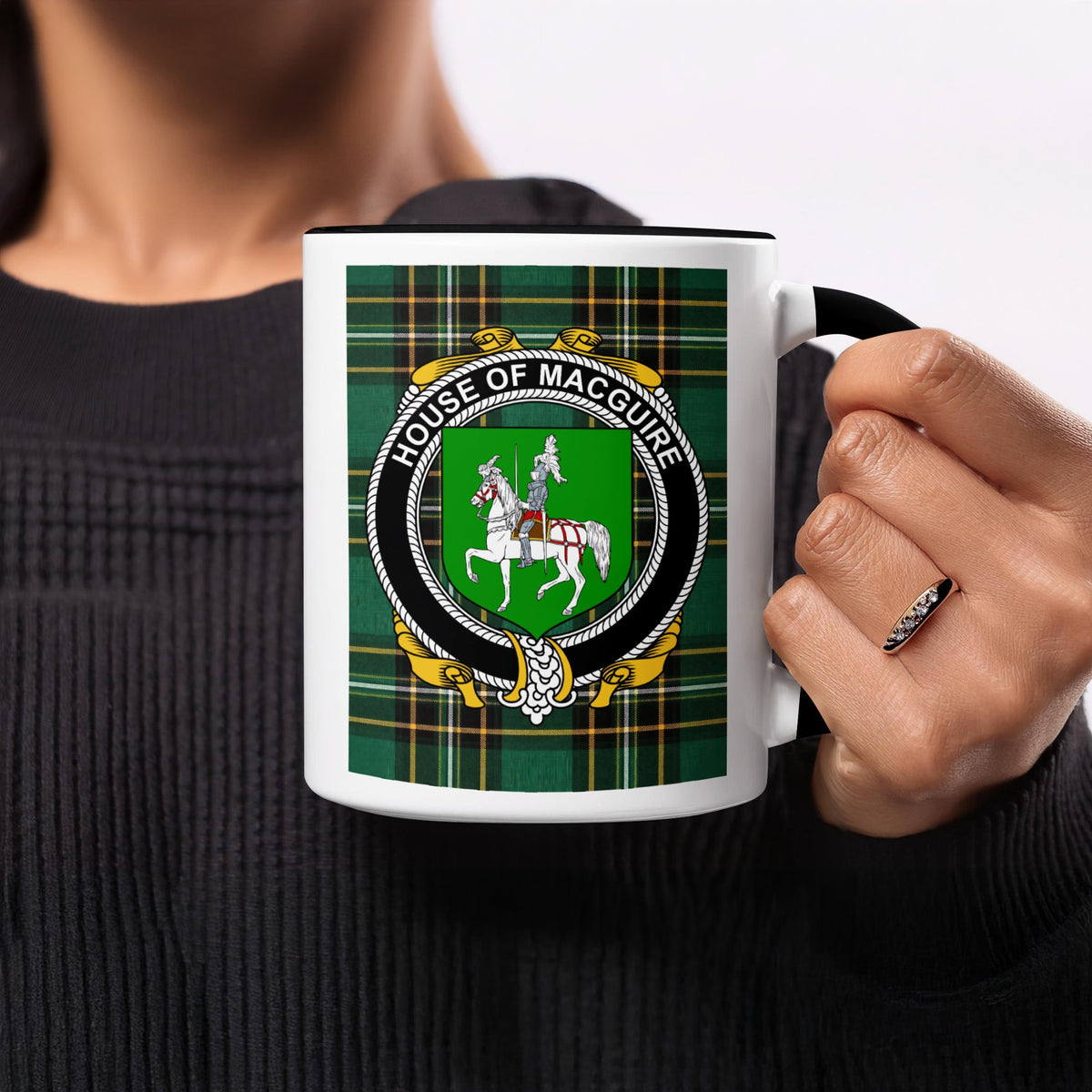 MacGuire Irish heritage ceramic mug showing tartan and surname emblem