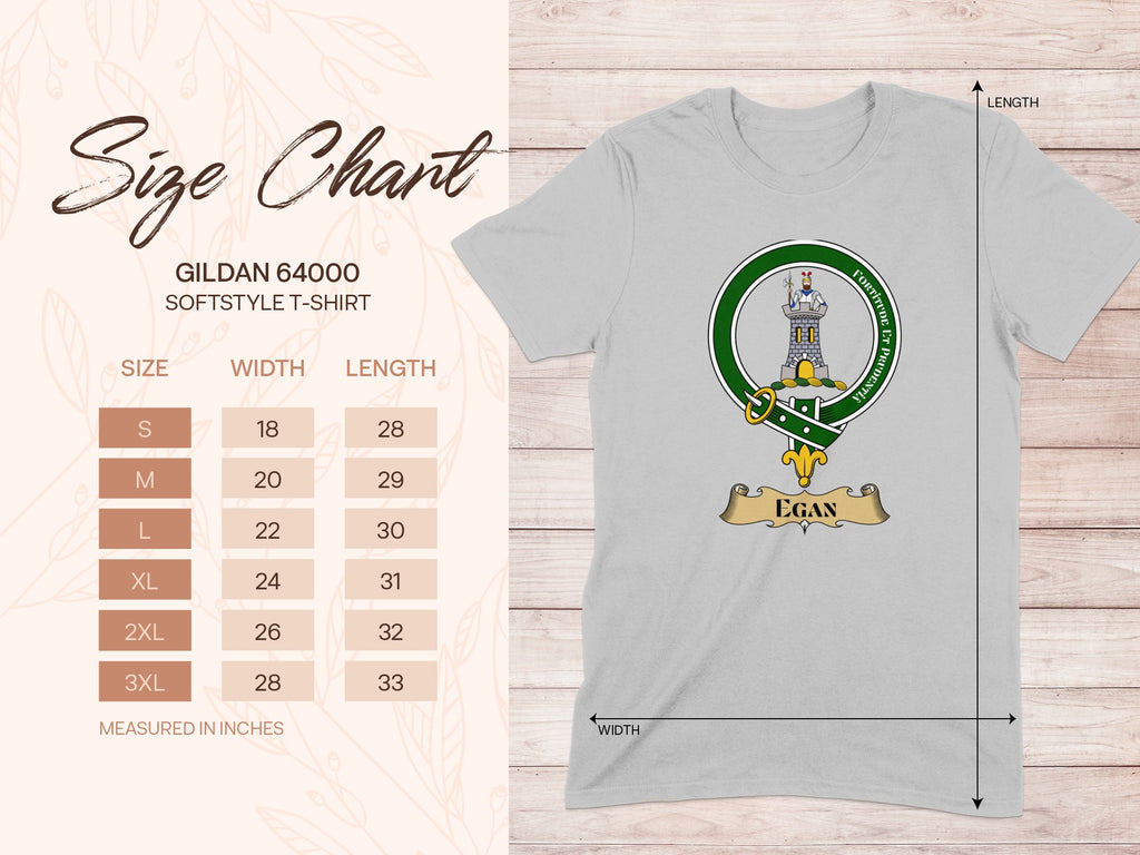 Gildan 64000 size chart for Egan Irish family crest T-shirt