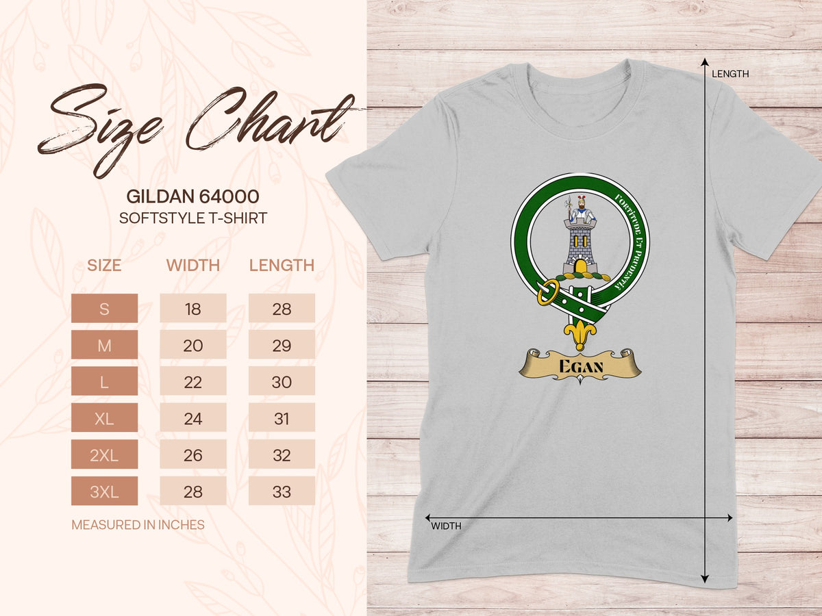 Gildan 64000 size chart for Egan Irish family crest T-shirt