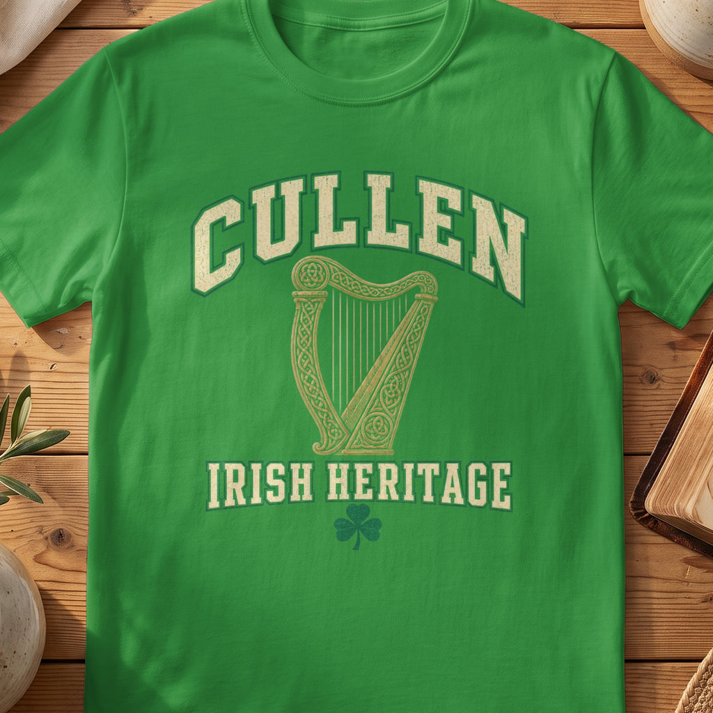 Cullen Irish Heritage green Gildan 64000 T-shirt with Celtic harp design