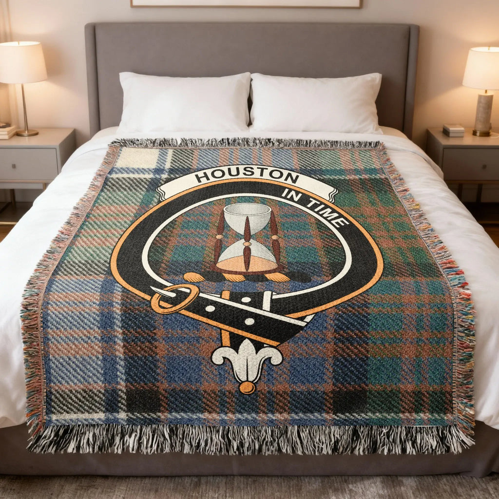 Clan Houston woven tartan blanket — cotton weave with fringe edging and clan crest, 52x37 inch