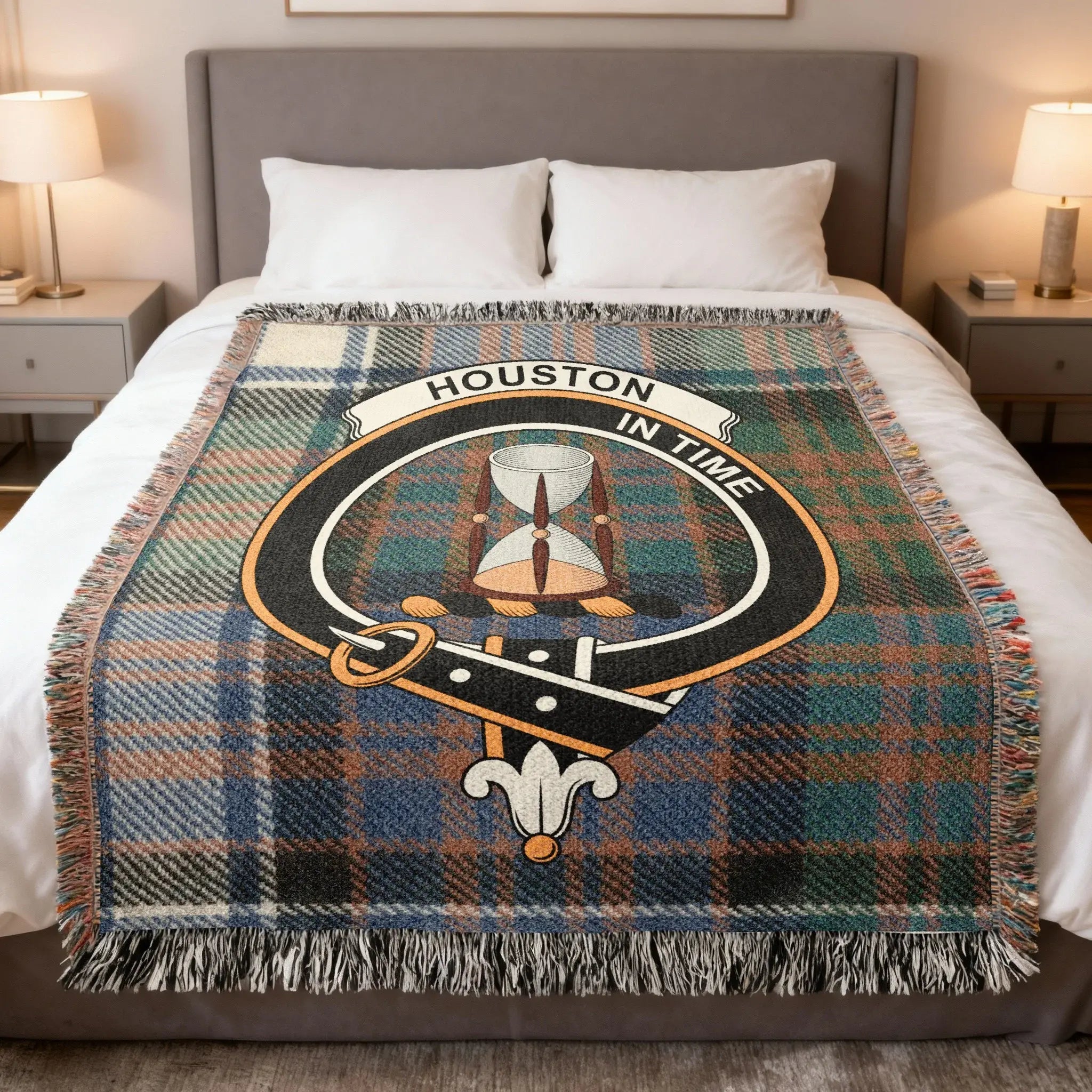 Clan Houston woven tartan blanket — cotton weave with fringe edging and clan crest, 52x37 inch