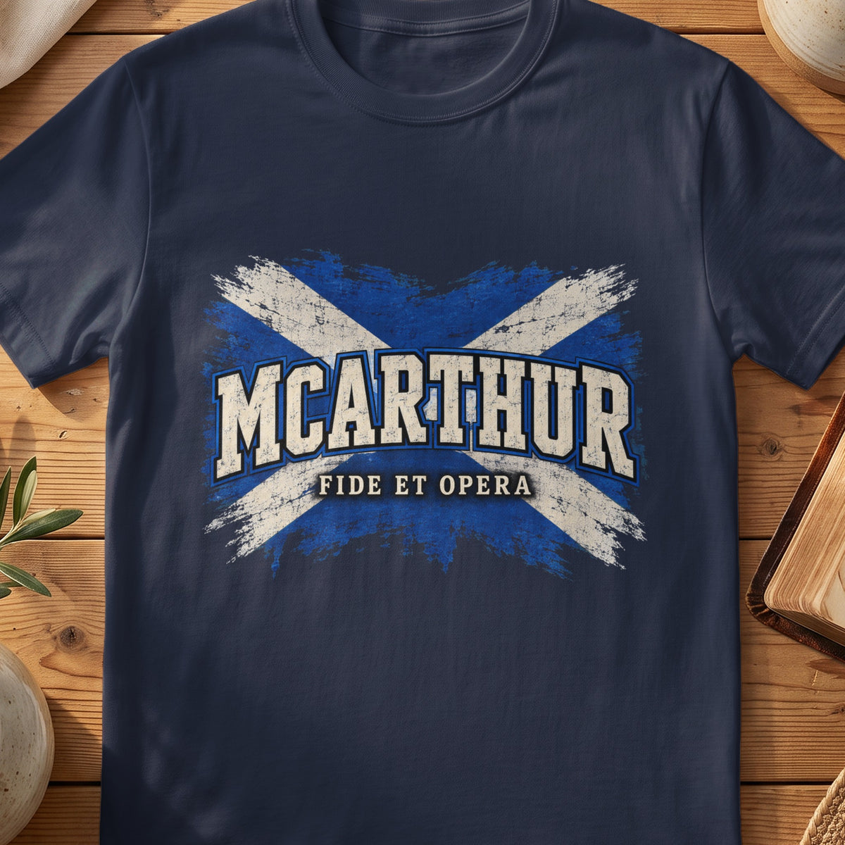 McArthur Scottish Saltire T-shirt in Navy, with distressed blue and cream flag and “Fide et Opera” lettering.