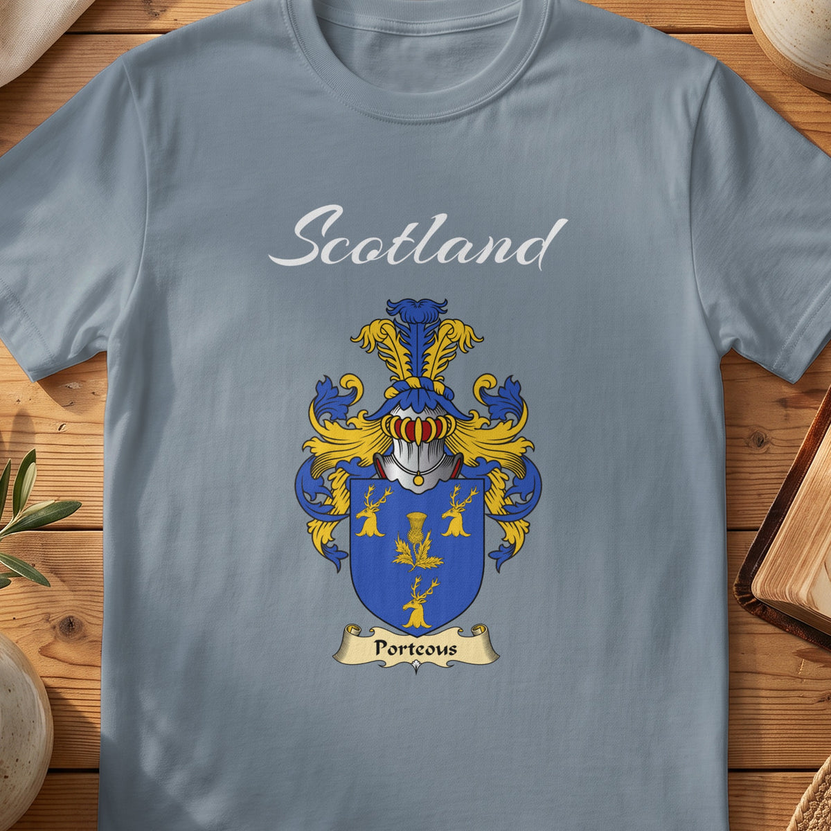 Porteous Scottish family shield T-shirt in Stone Blue