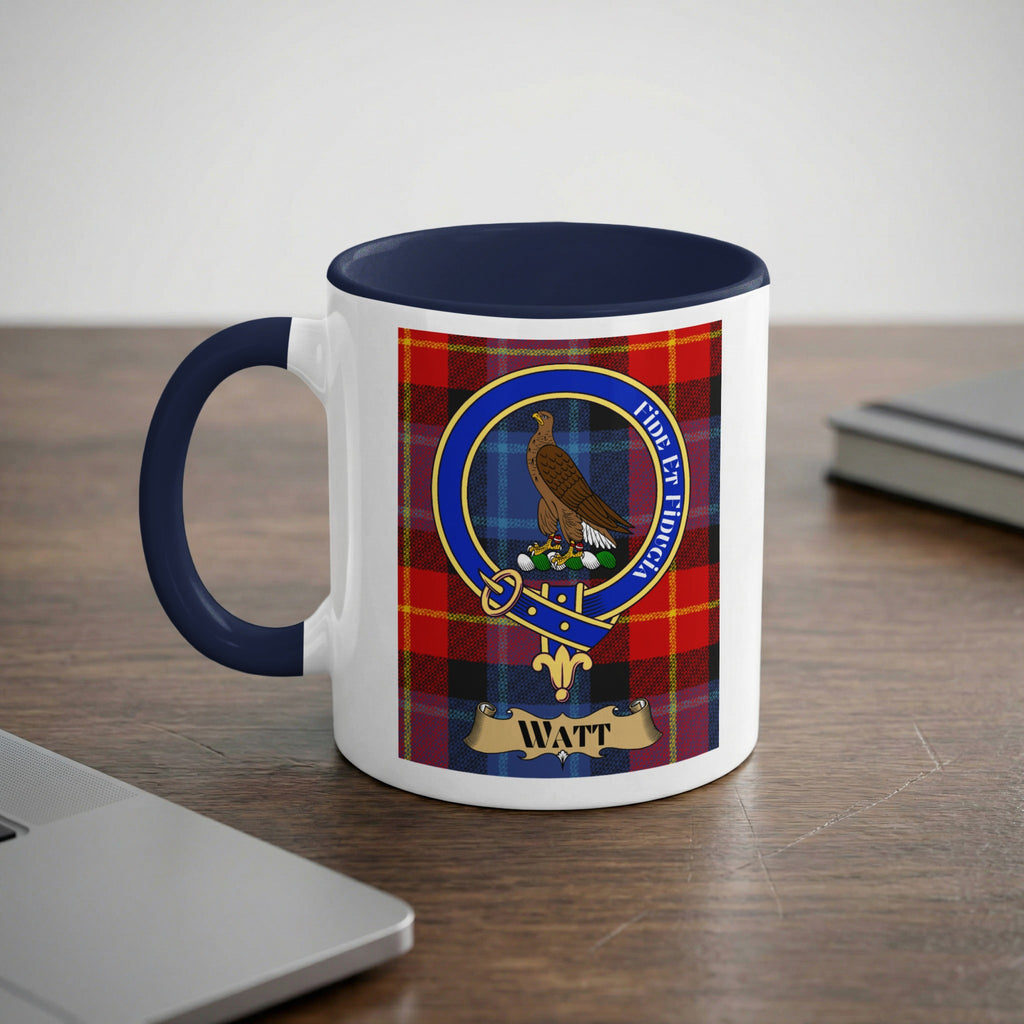 Watt crest on tartan background mug — navy handle and rim, Scottish heritage gift