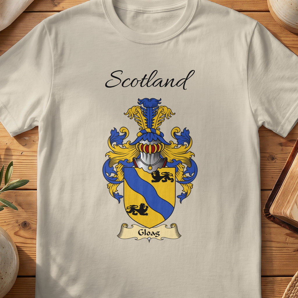 Sand Gloag Scottish family shield T-shirt featuring a blue wavy diagonal band on gold
