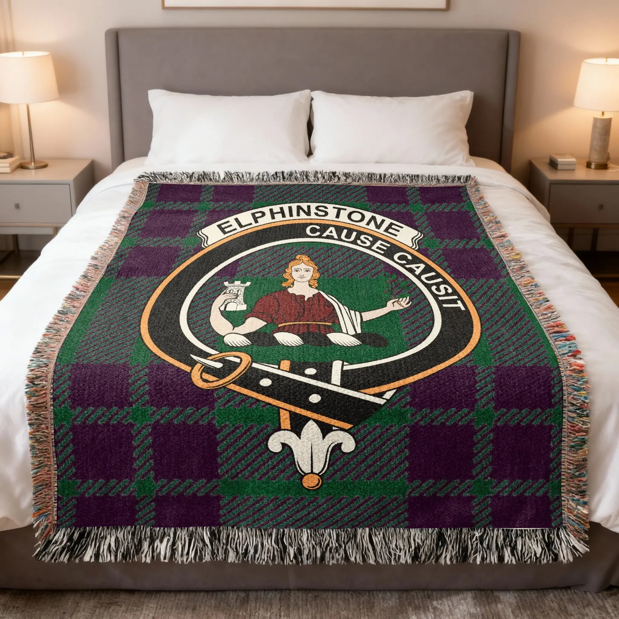 Clan Elphinstone tartan woven blanket — 100% cotton, full tartan pattern in woven construction