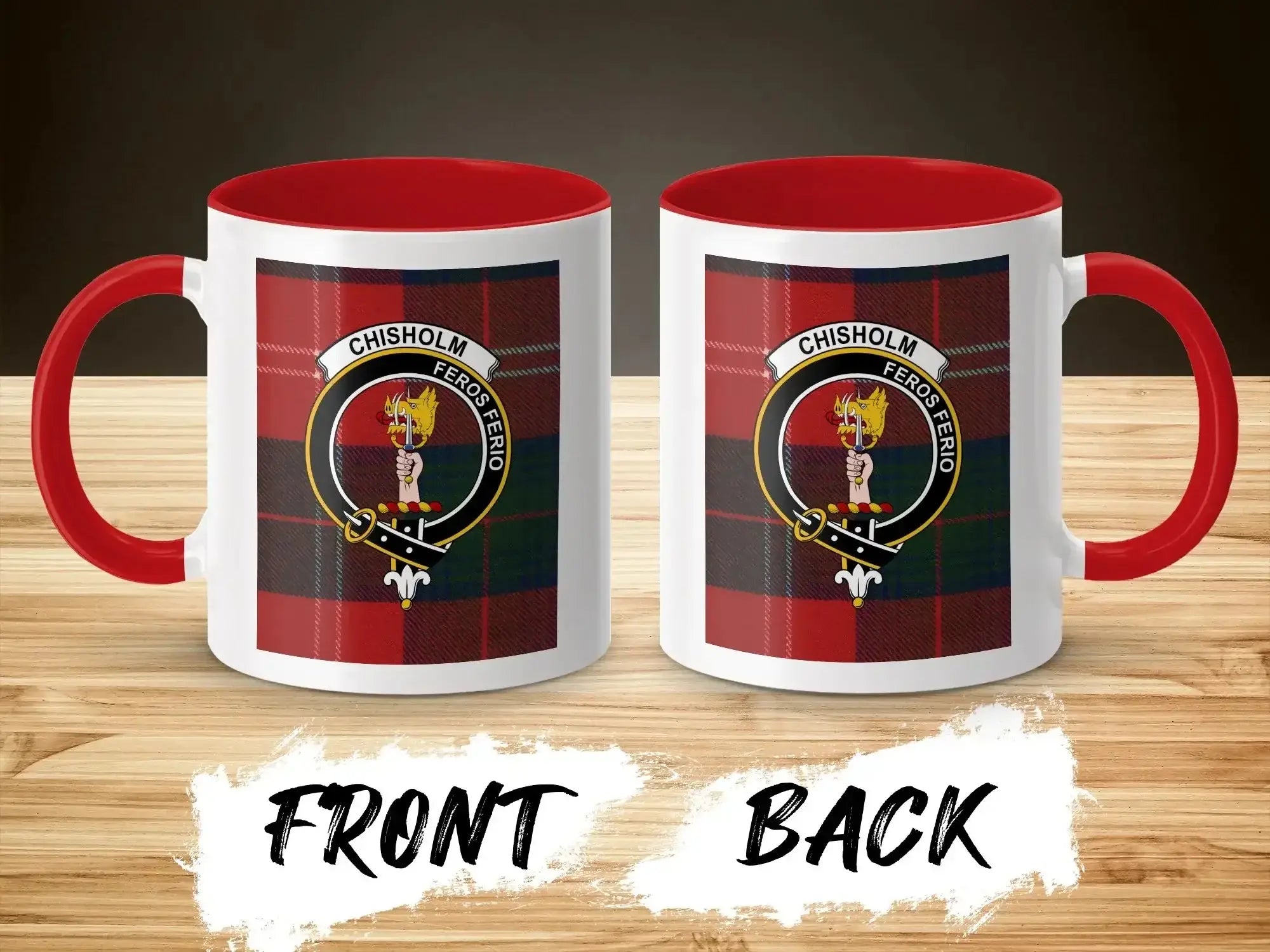 Chisholm tartan mug top-down view — black interior and handle, clan crest print visible