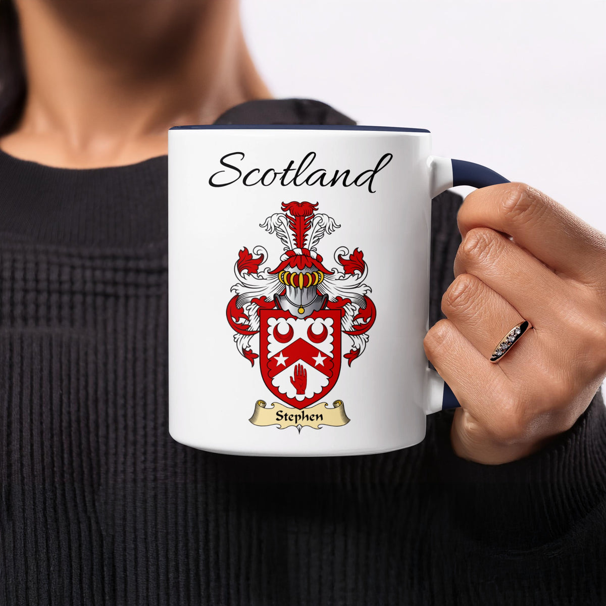 Stephen 11 oz Scottish family crest ceramic mug showing a Scotland-topped heraldic emblem