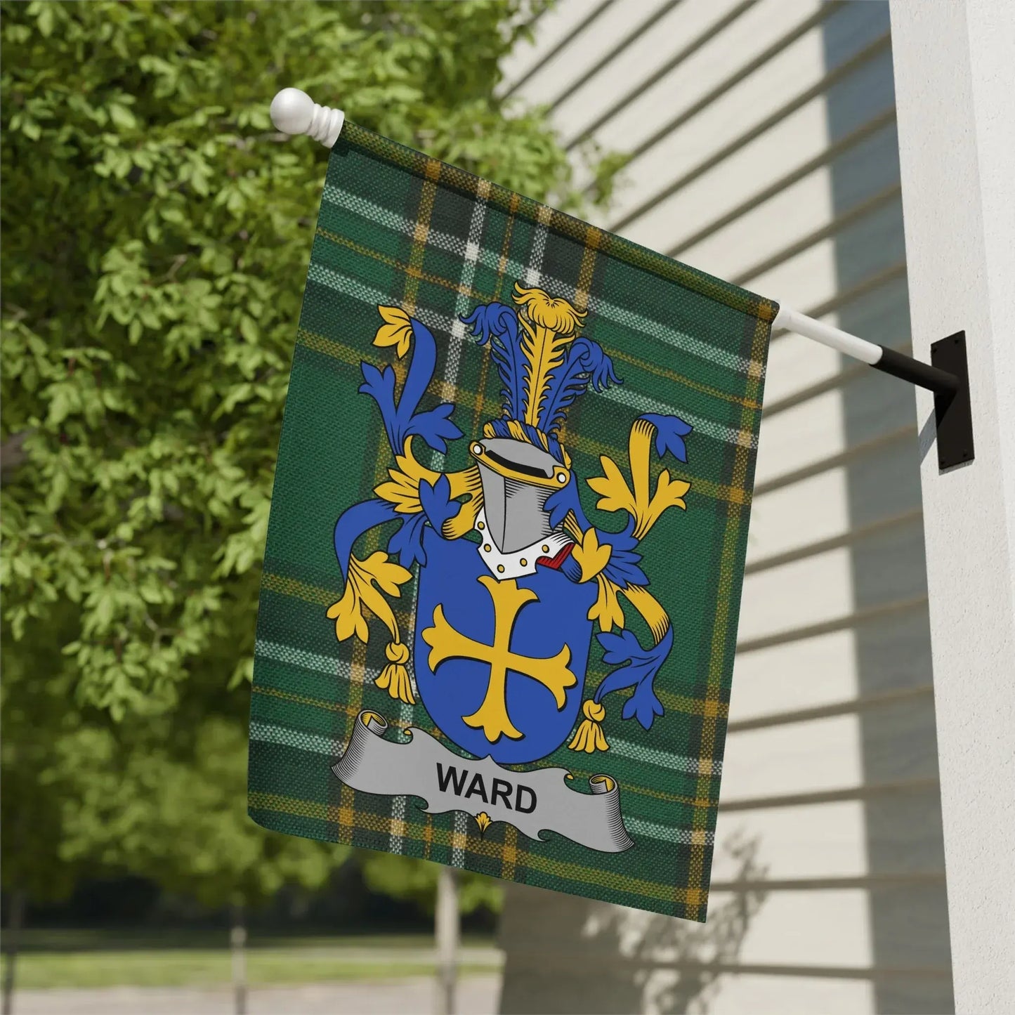 Ward Family Crest on Tartan Pattern Garden Flag product
