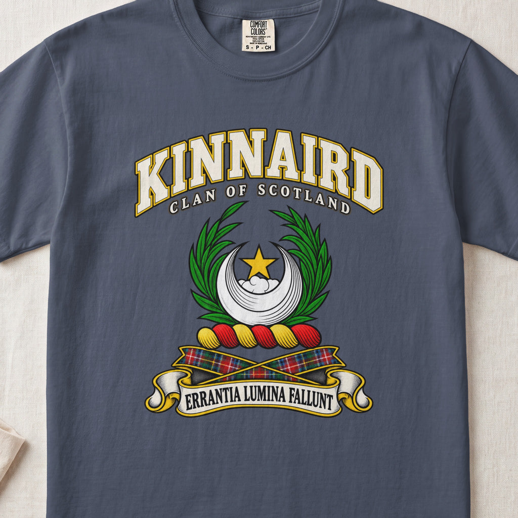 Kinnaird Scottish clan T-shirt in Midnight, front view with a silver crescent, gold star and green leafy branches and motto design.