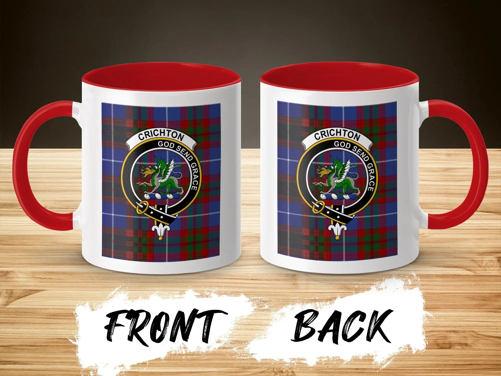 Clan Crichton accent mug in red — close-up of crest and tartan design, 11oz