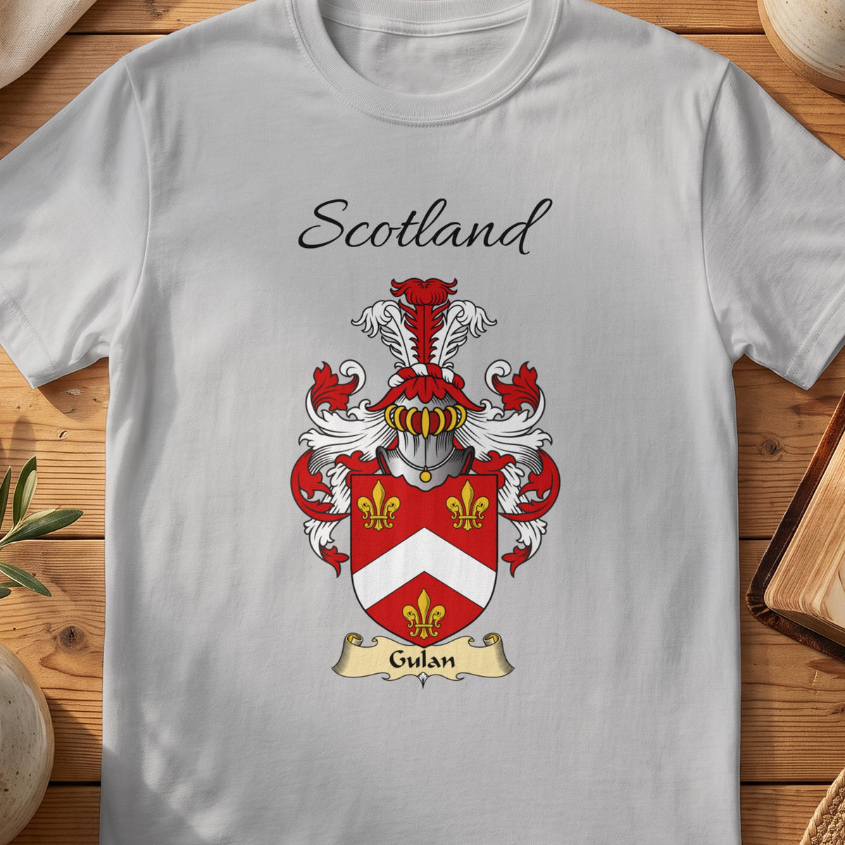 Sport Grey Gulan Scottish family shield T-shirt featuring a white chevron and gold fleurs-de-lis on red