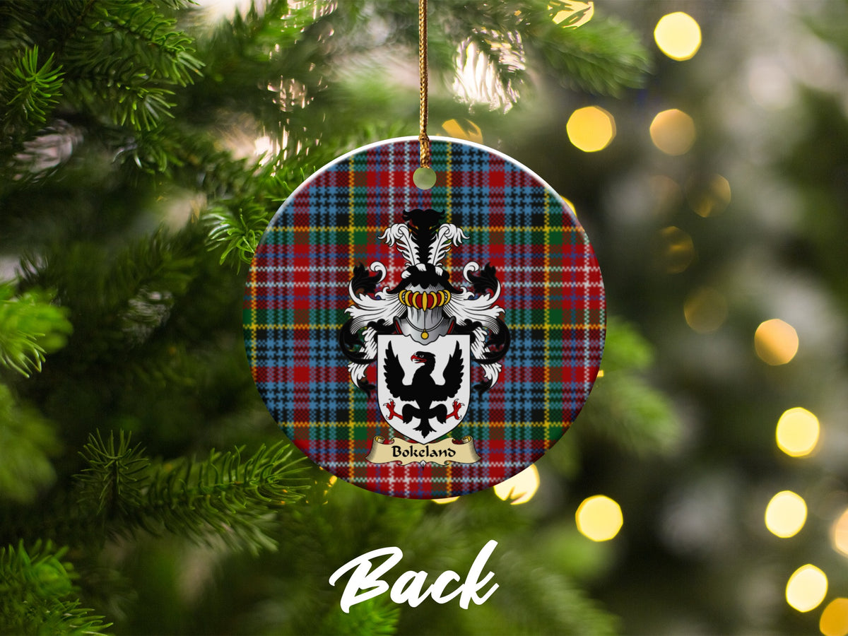 Double-sided Bokeland ceramic ornament with family shield and Caledonia tartan background