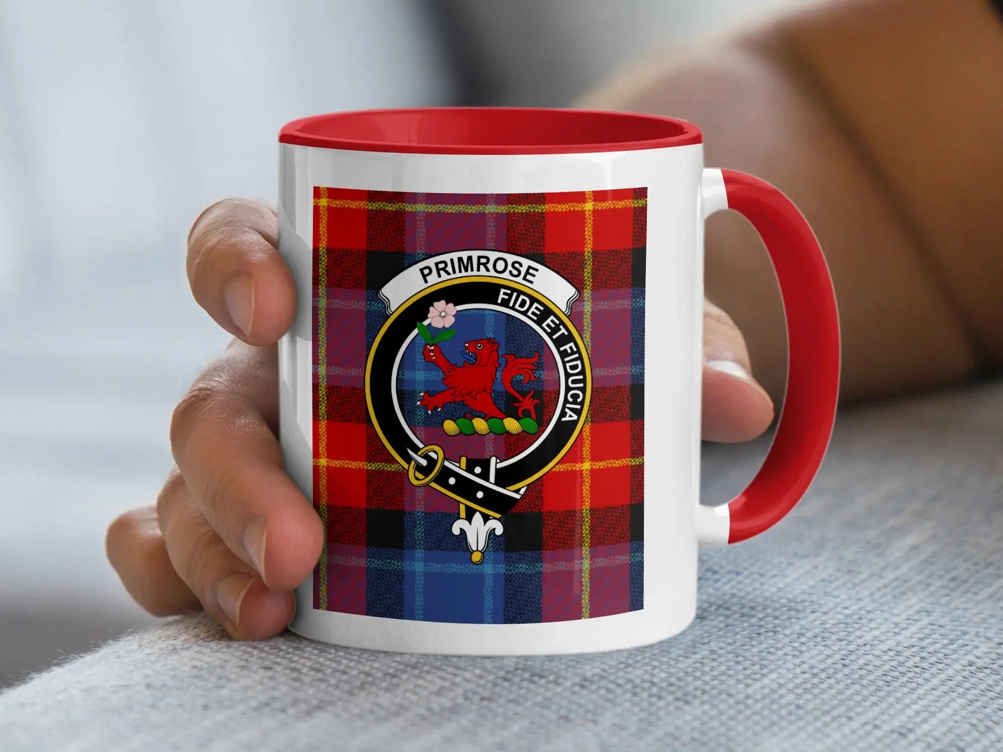 Primrose tartan accent mug — black handle, 11oz ceramic with crest print