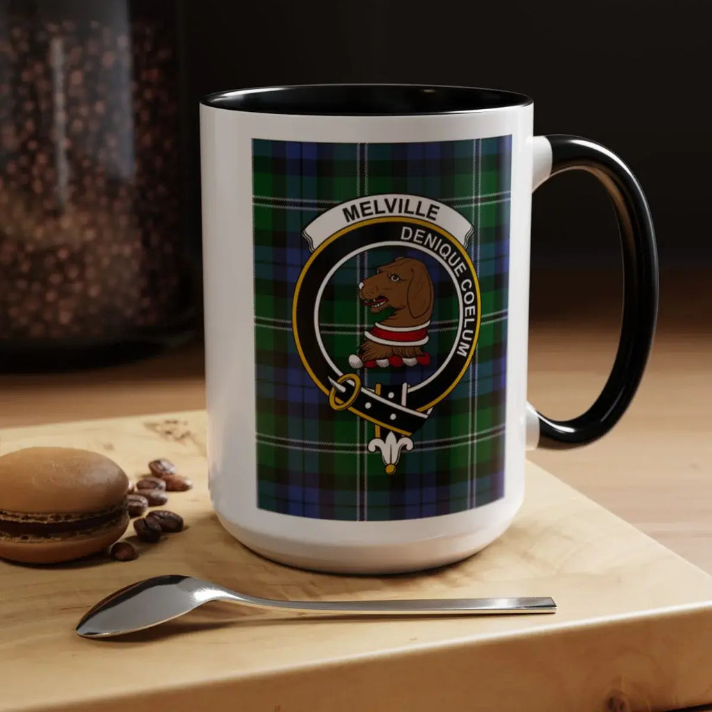 Melville clan crest mug with tartan design — 15 oz ceramic, red handle and interior