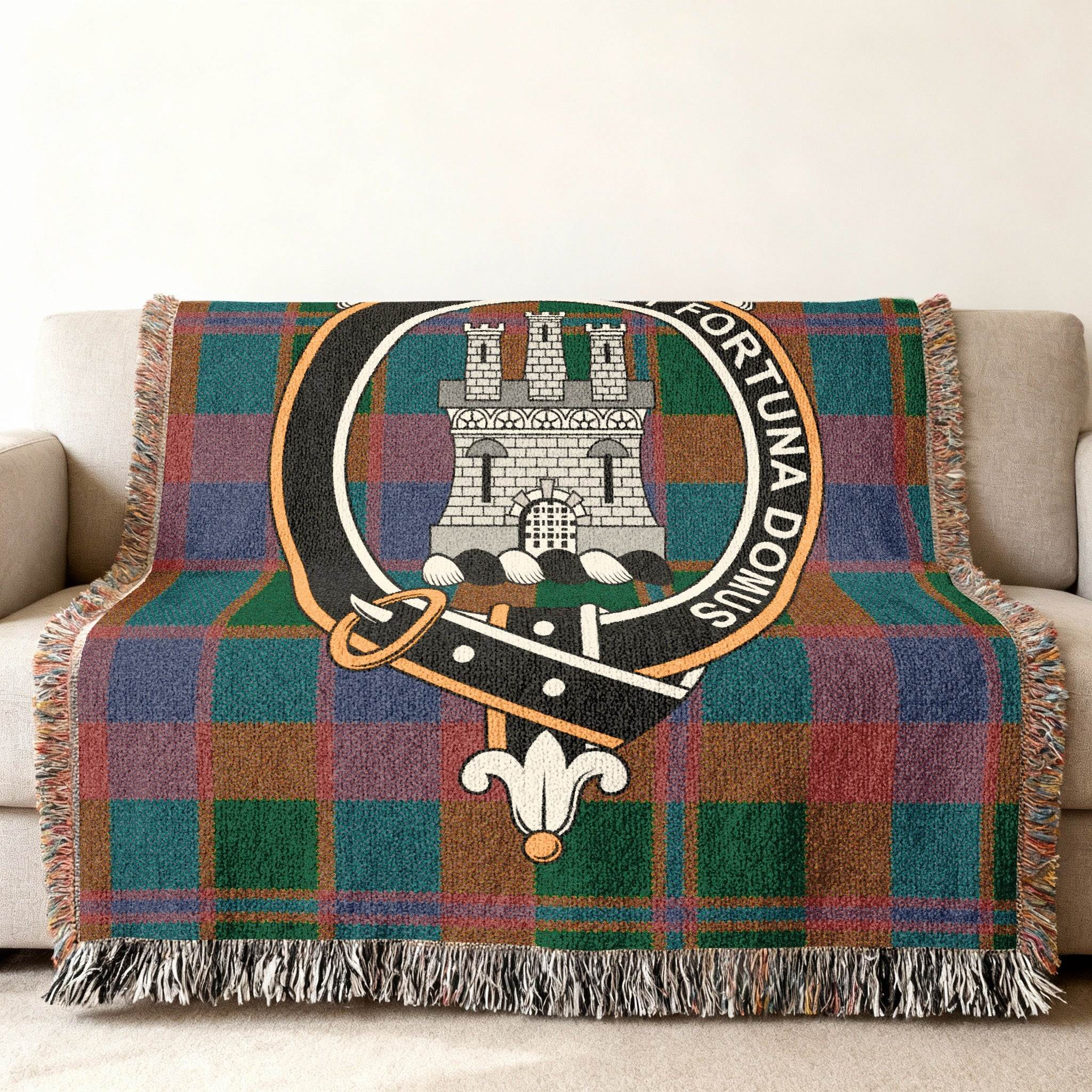 Clan Strang stet fortuna domus castle design throw blanket — clan crest woven