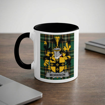 White mug with black rim featuring the Morrison family crest and plaid background.