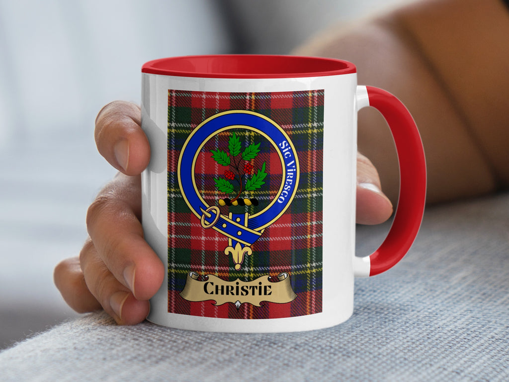 Christie tartan crest mug with Sic Viresco motto — red handle and rim