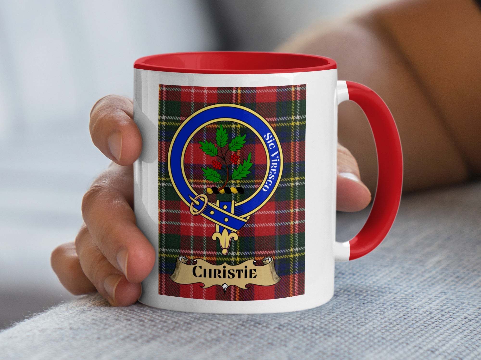 Christie tartan crest mug with Sic Viresco motto — red handle and rim