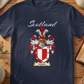 Navy Maule family shield T-shirt featuring a red-and-white shield with a contrasting border