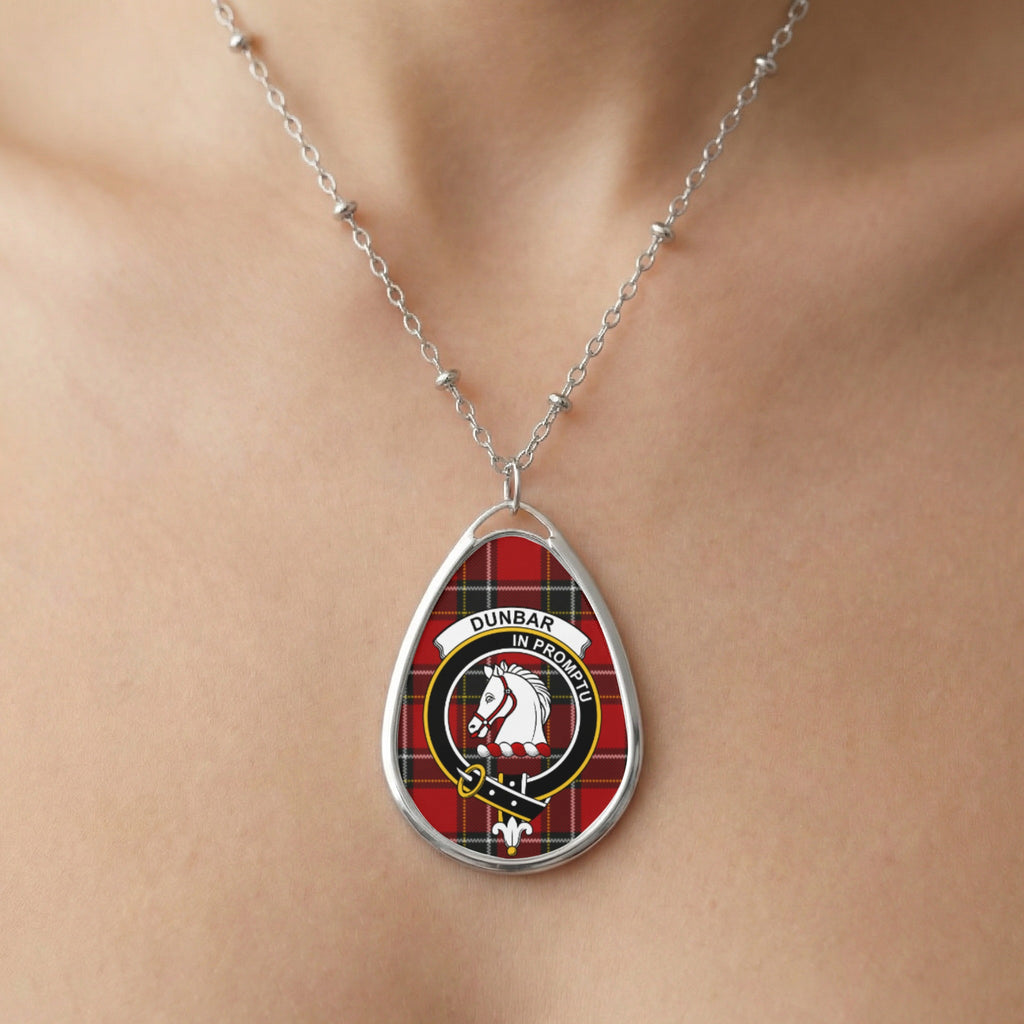 Close-up of Dunbar clan tartan pendant necklace with crest design