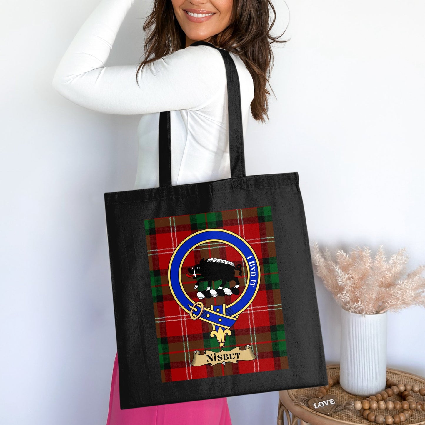 Scottish Clan Crest on Tartan Background Tote Bag - Living Stone Gifts