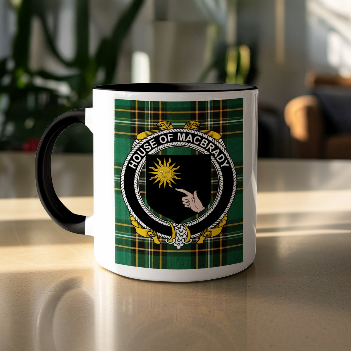 MacBrady accent mug displayed with Irish National Tartan design