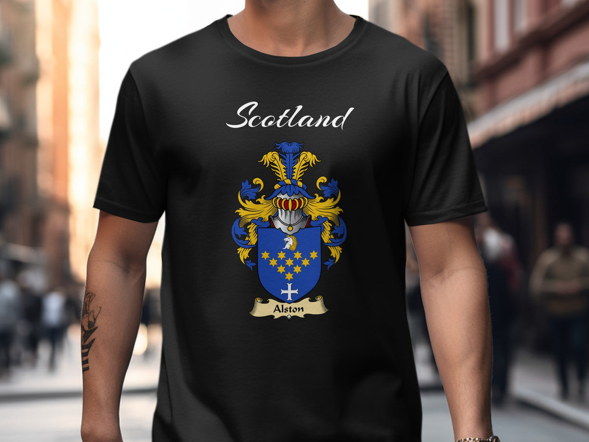 Alston Scottish family shield design on Black T-shirt