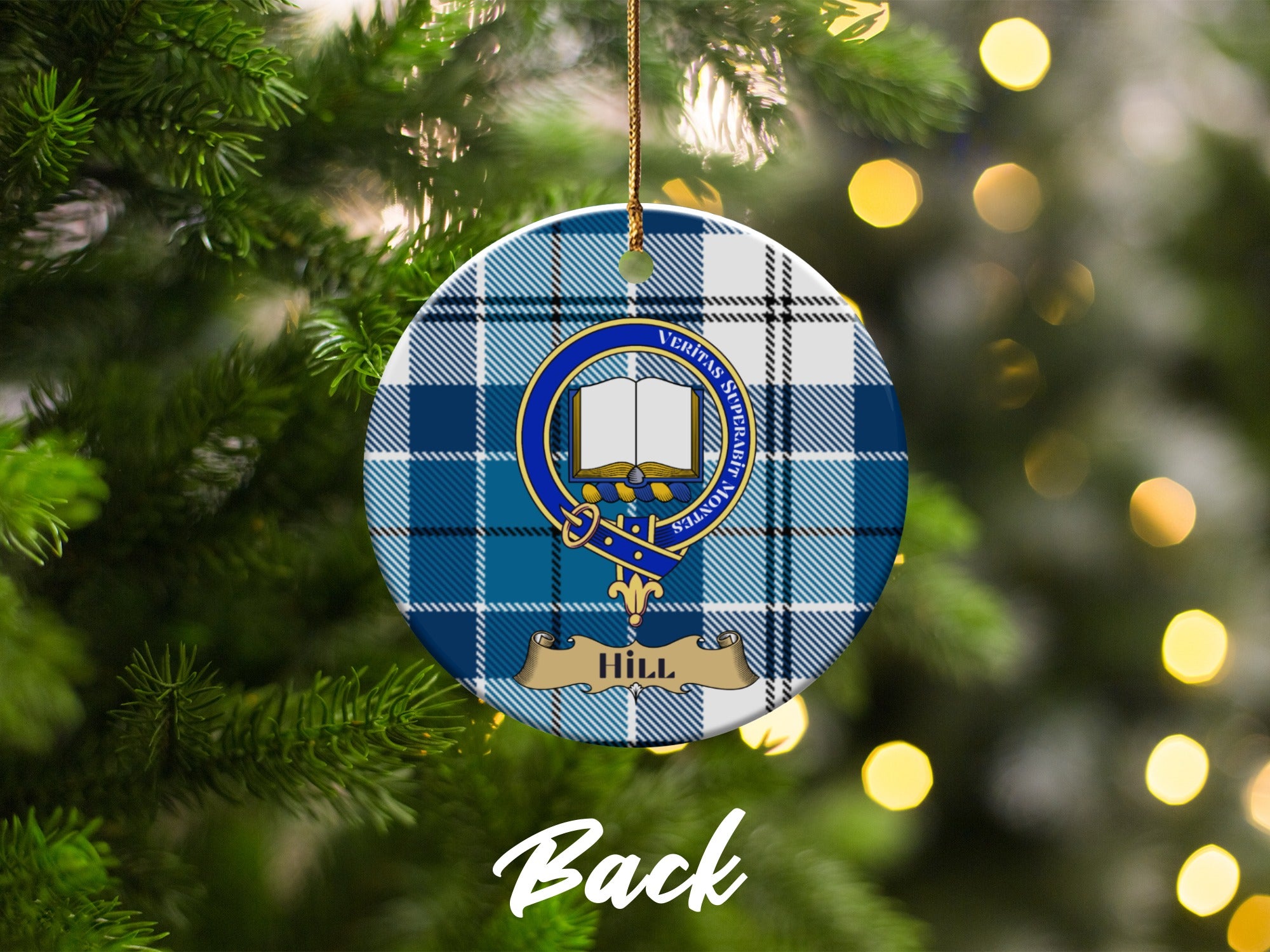 Hill blue tartan ceramic ornament — reverse side with crest
