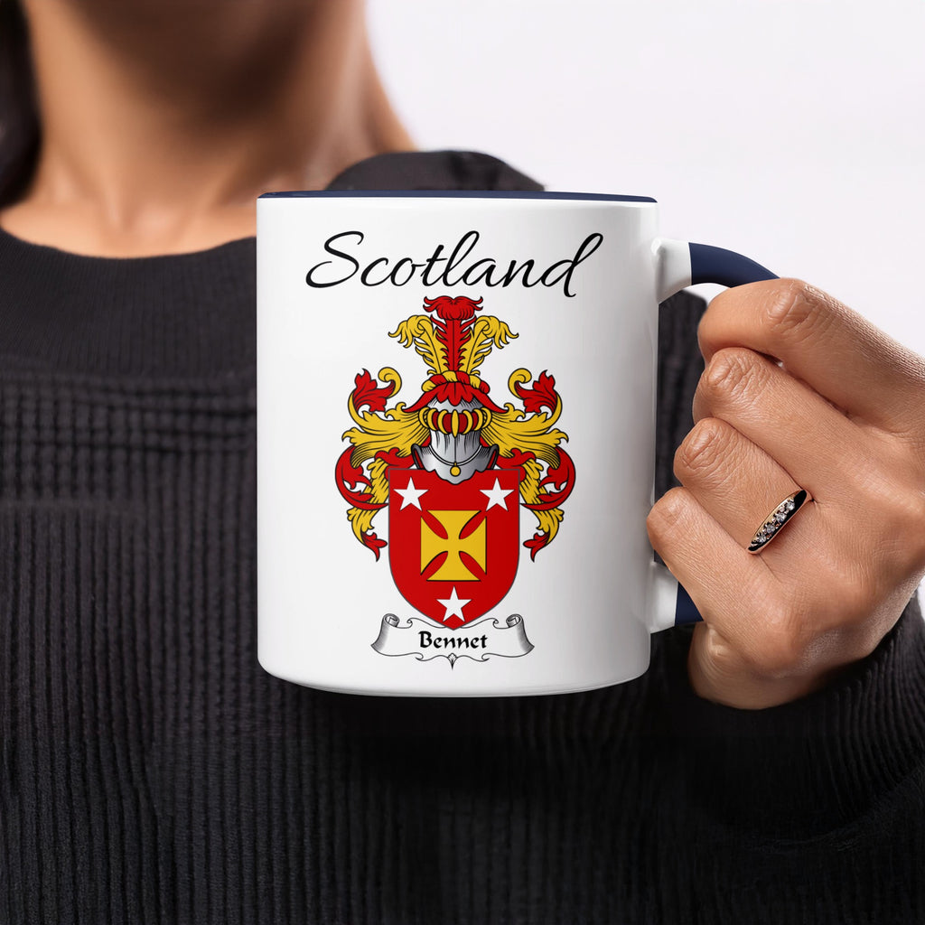 Red-accent Bennet Scottish family crest mugs with Scotland above the heraldic shield