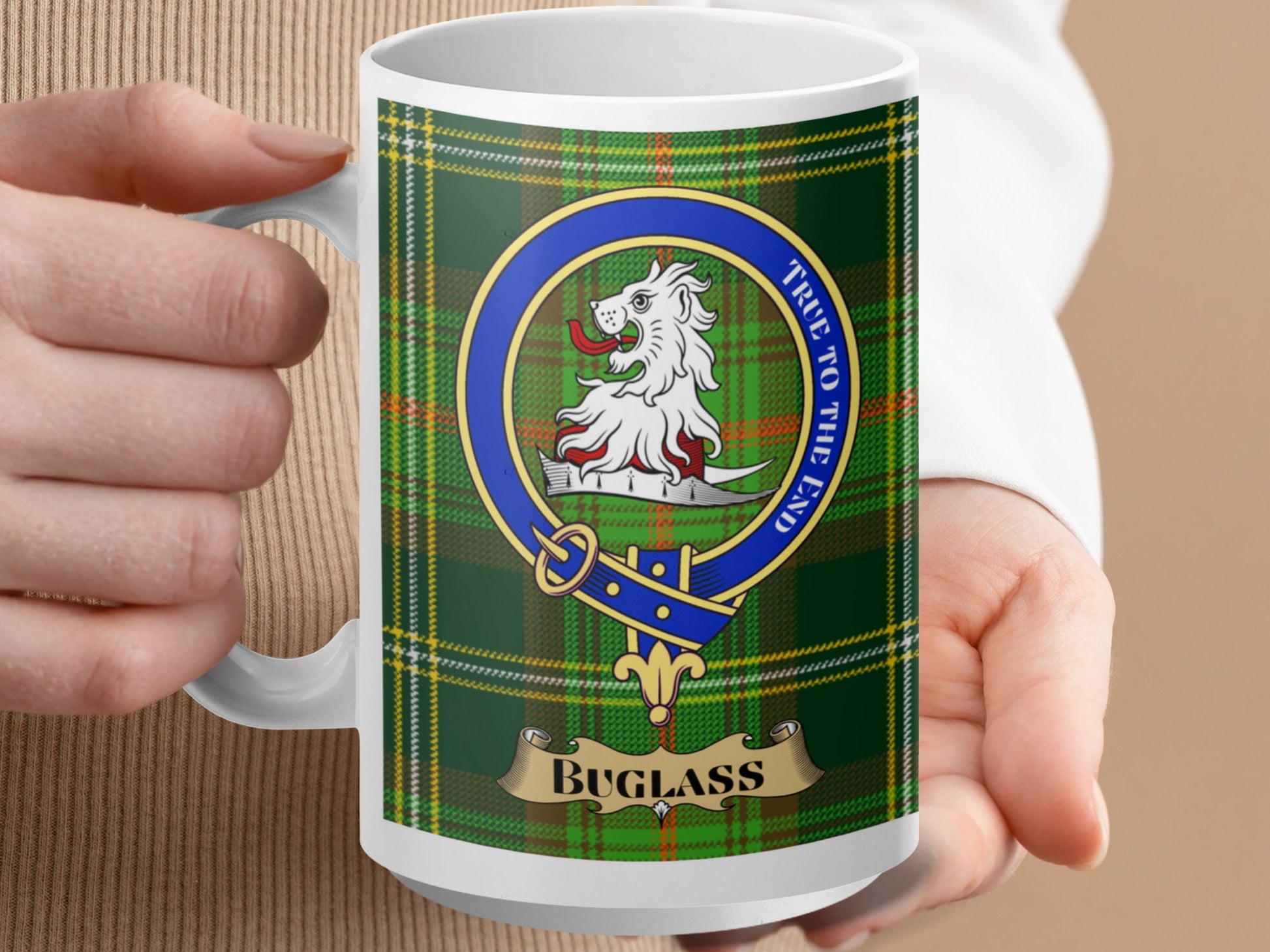 Scottish Buglass Clan Crest Design with Tartan Mug - Living Stone Gifts